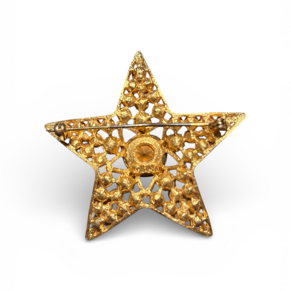 Vintage BSK Pink Rhinestone Star Brooch Gold Tone Starburst Pin - Picture 2 of 3